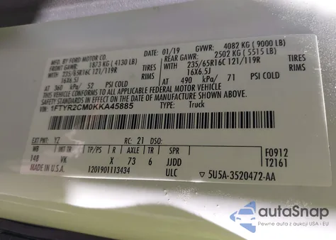 2019 Ford Transit-250 from USA, damaged, VIN 1FTYR2CM0KKA45885